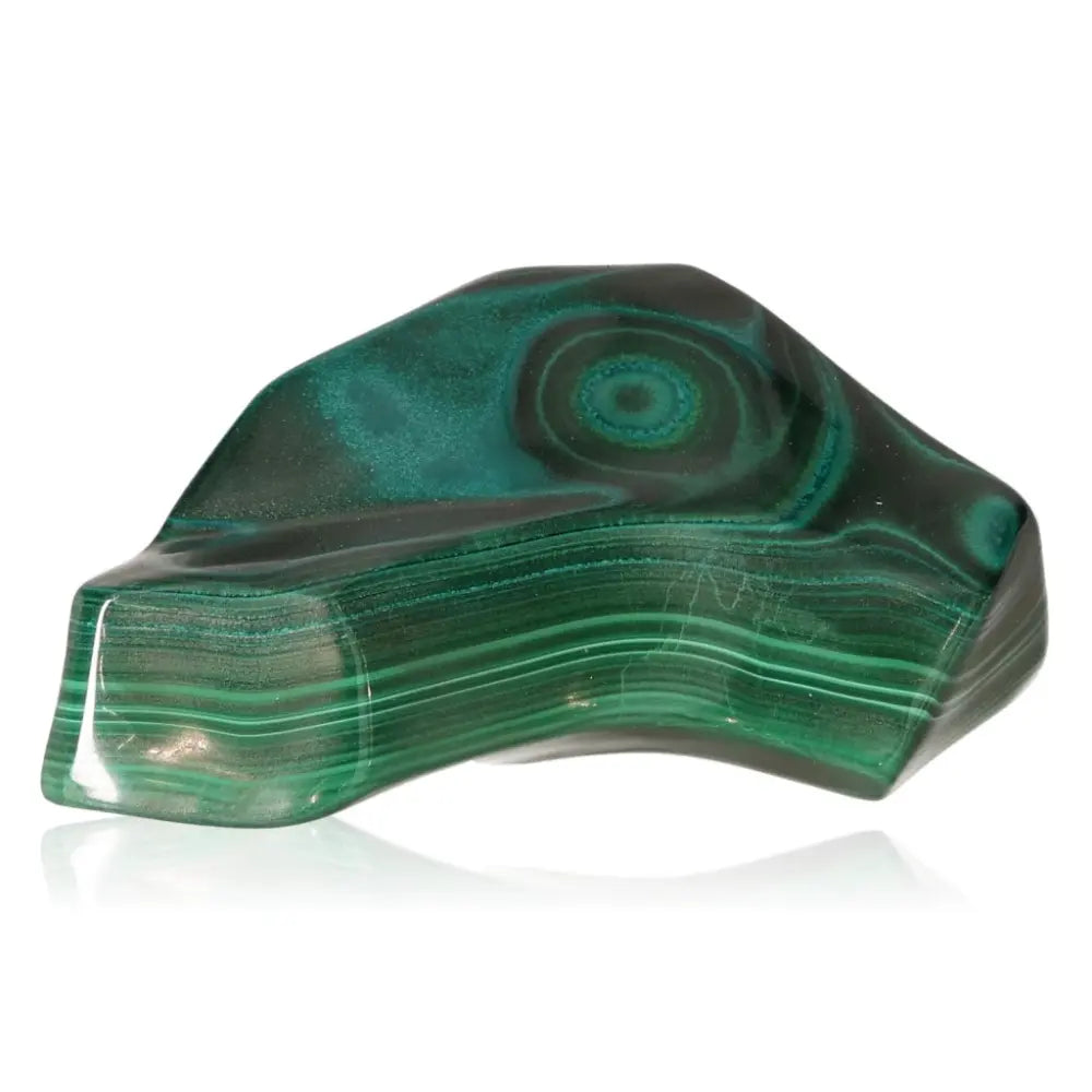 Polished green malachite stone with swirling patterns, symbolizing calming energy and transformative qualities.