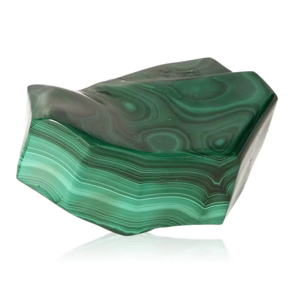 Polished malachite gemstone exhibiting rich green swirls, symbolizing courage, hope, and positivity for healing and balance.