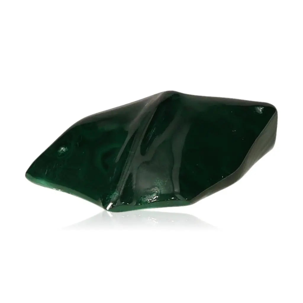Polished Malachite gemstone displaying its deep green color and natural sheen.