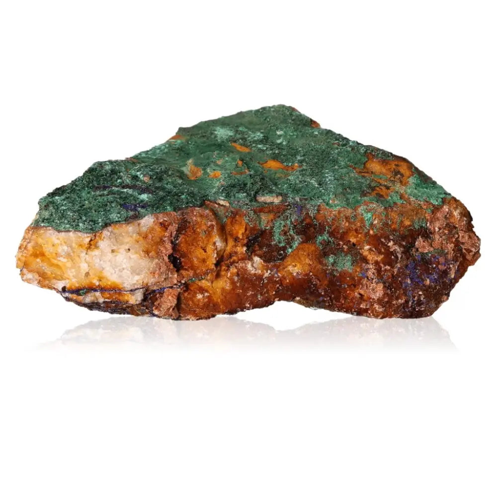 A vibrant green and brown malachite druzy stone showcasing its natural beauty and distinct textures, symbolizing tranquility and courage.