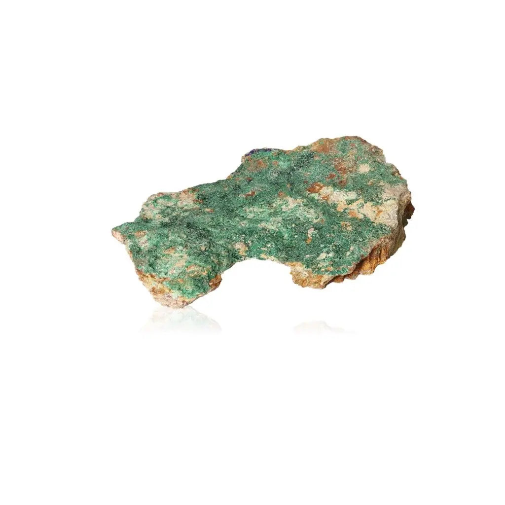 Vibrant green Malachite Druze stone showcasing natural patterns and transformative energy on a white background.
