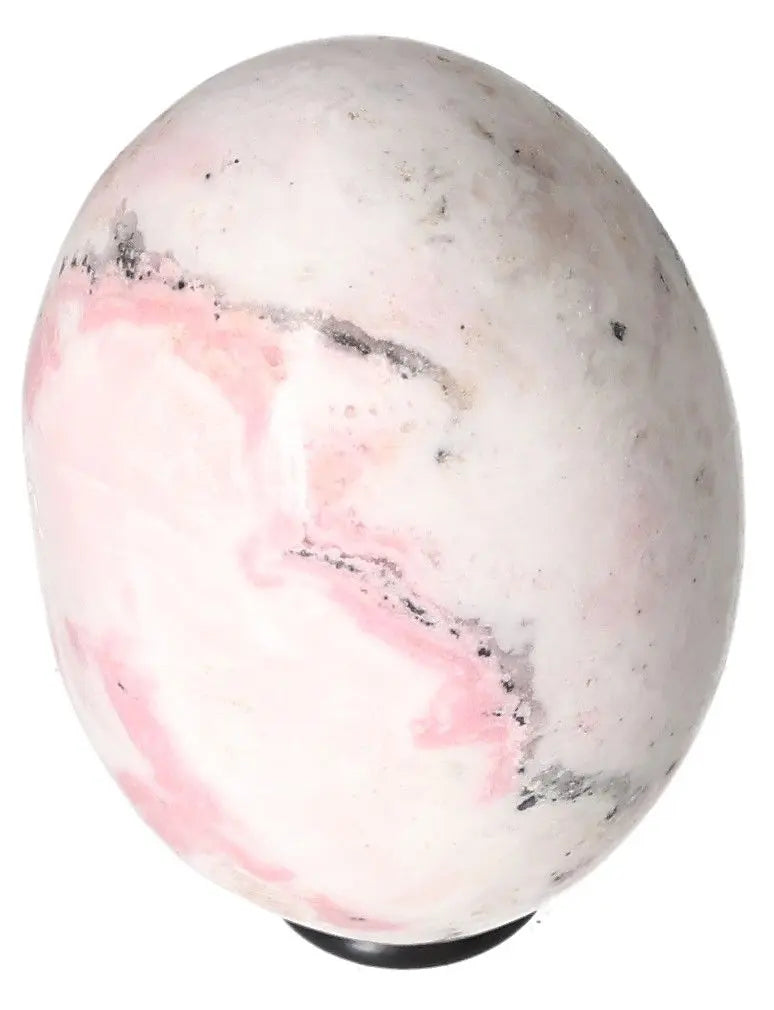 Manganocalcite egg crystal for healing, creativity, and peace, featuring soothing pink and white tones.