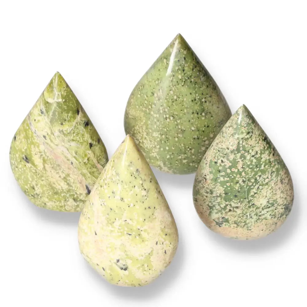 Medium Serpentine Drop crystals with vibrant green hues, symbolizing emotional balance and spiritual growth. Perfect for meditation or décor.