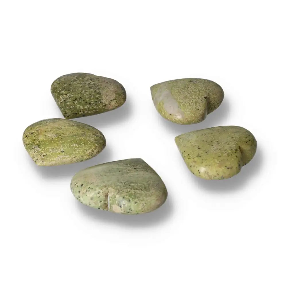 Five medium Serpentine heart crystals showcasing vibrant green hues for meditation and décor, symbolizing emotional balance.