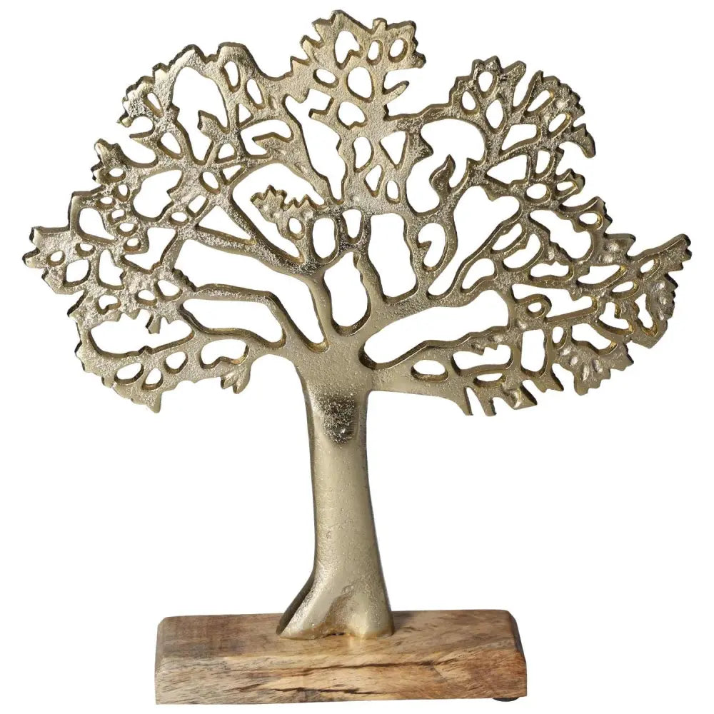 Elegant metal tree sculpture on mango wood base by Sylvia Crystals, blending luxury and spiritual harmony. Perfect for refined decor.