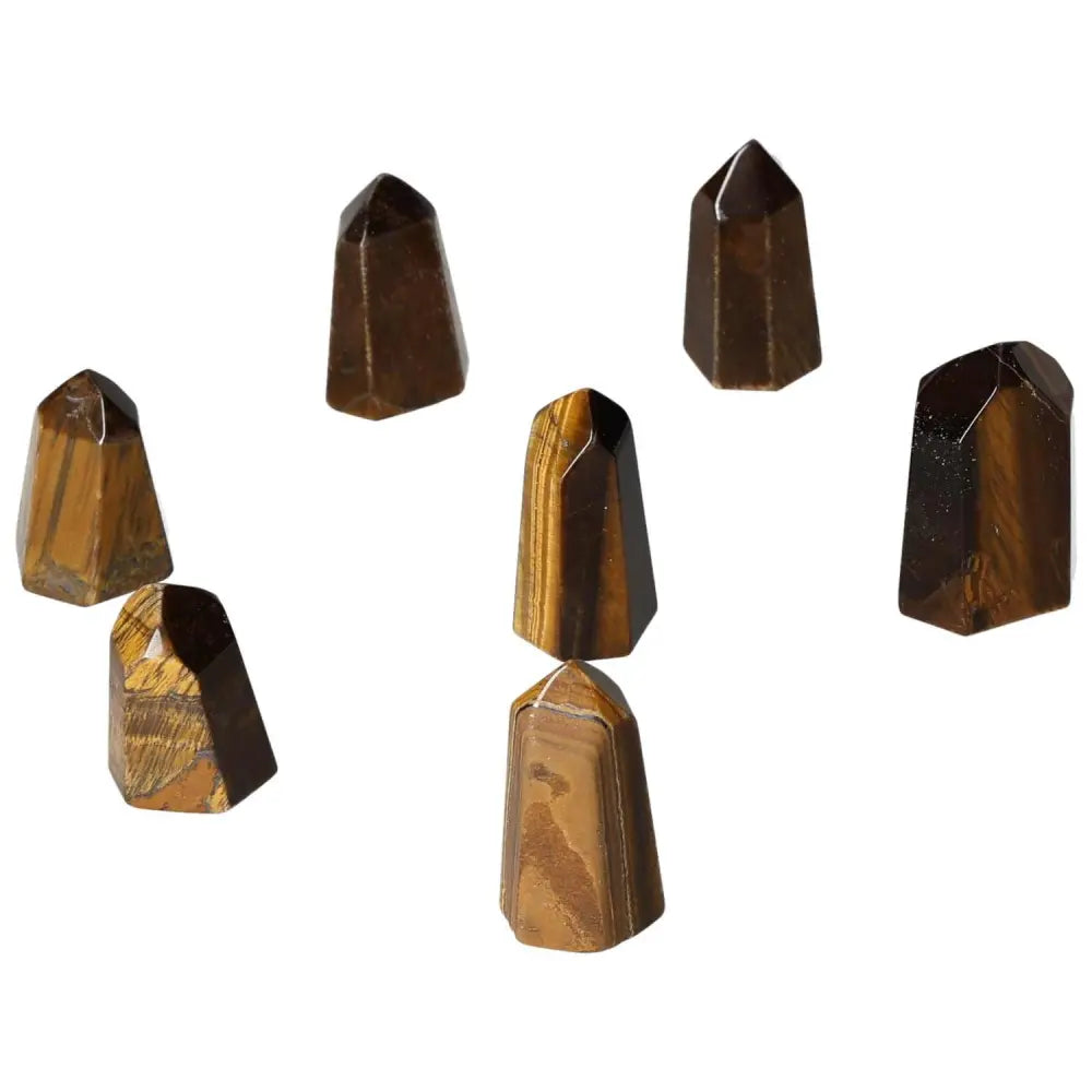 Mini Tiger Eye points for joy, clarity, and wealth management; offer grounding energy and focus in a decorative stone form.