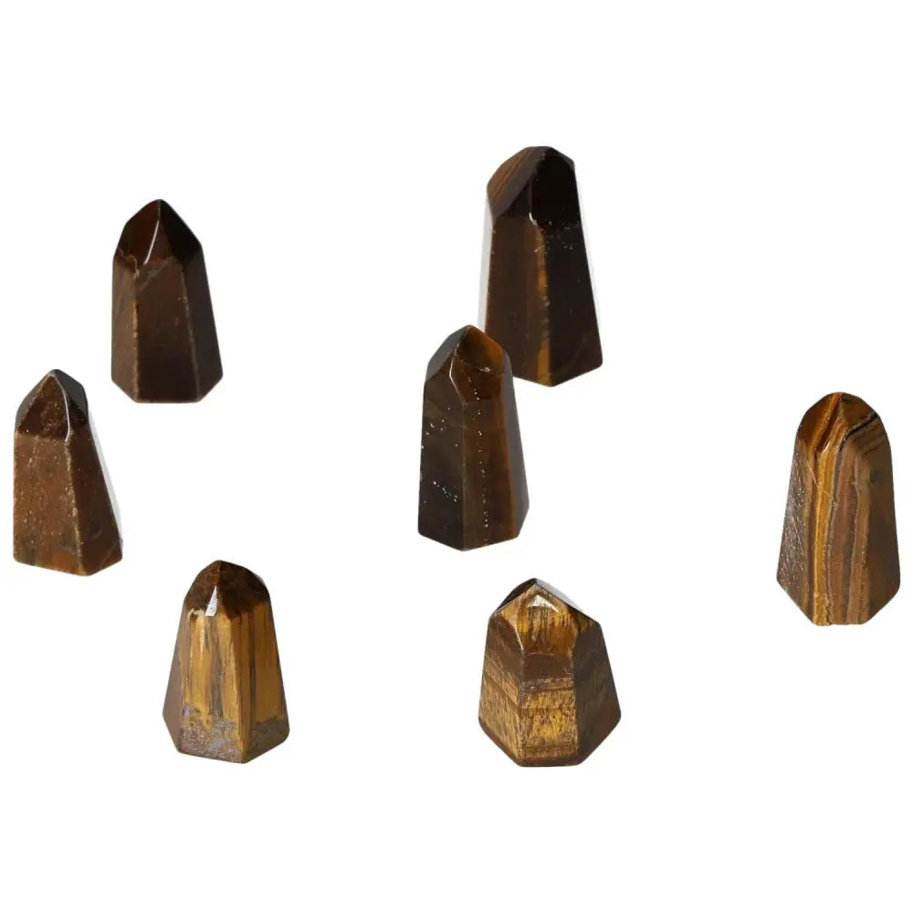 Mini Point Tiger Eye stones enhancing focus, clarity, and wealth management. Provides stability, security, and joy in life.