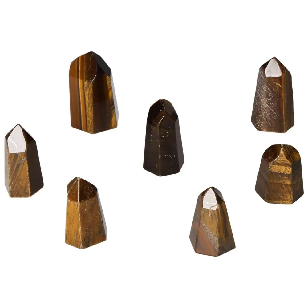 Mini Point Tiger Eye crystals for joy, stability, and mental clarity; ideal for focus and business success.