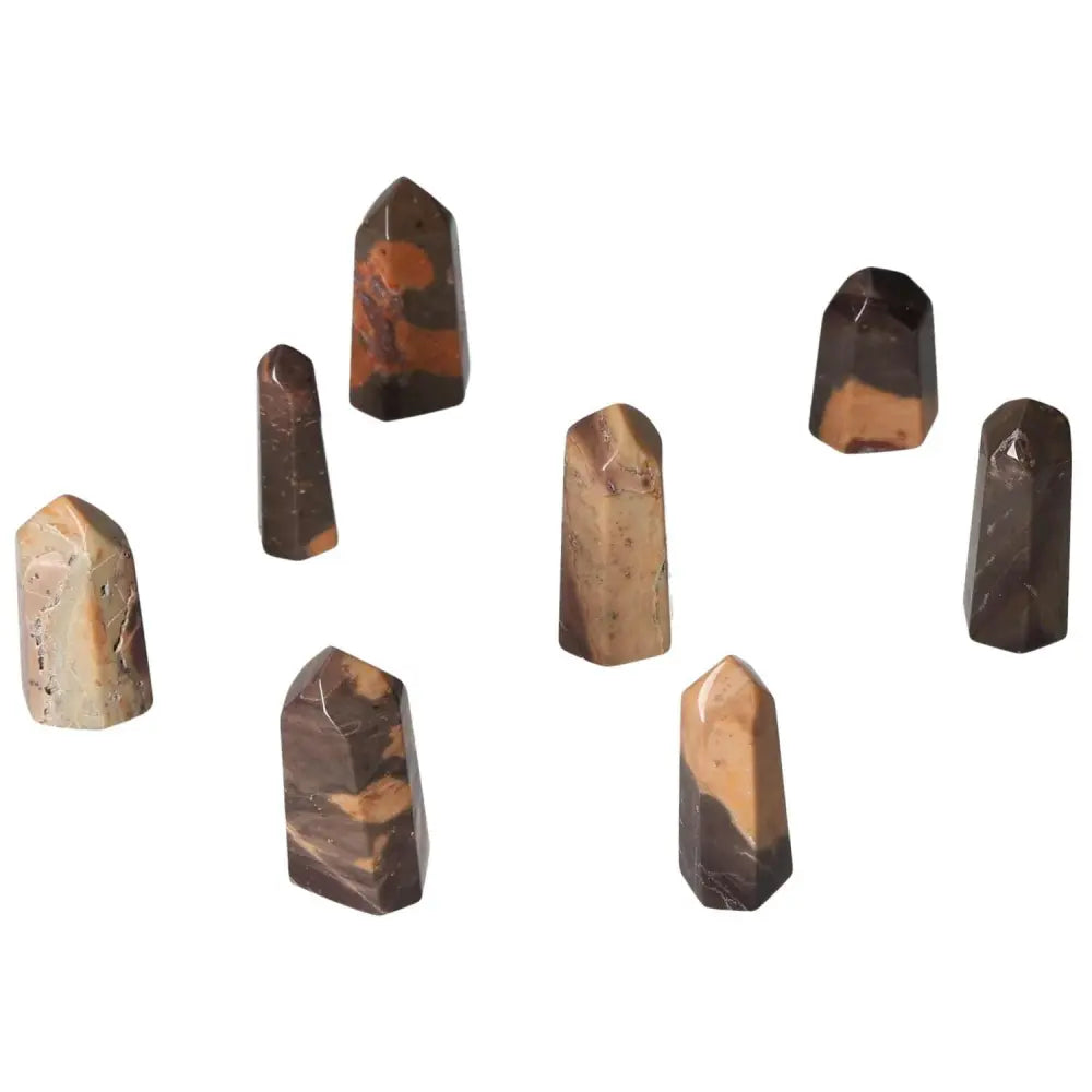 Assorted Mini Point Tiger Jasper stones promoting harmony and balance, reducing stress, and enhancing well-being and determination.