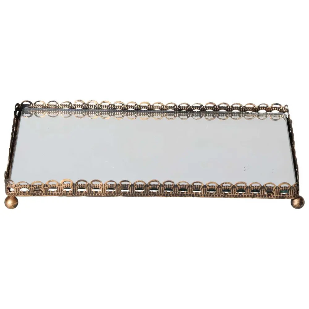 Elegant mirrored tray with ornate edges and vintage finish, perfect for luxury home decor and enhancing sophisticated interiors.