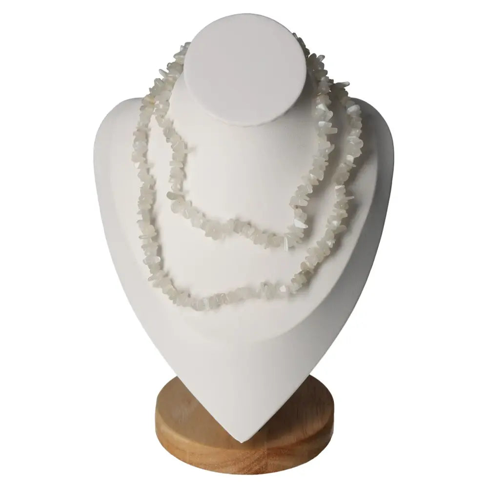 Moonstone White Necklace on display, featuring 80cm of iridescent gemstone chips from Sylvia Crystals, showcasing elegance and craftsmanship.