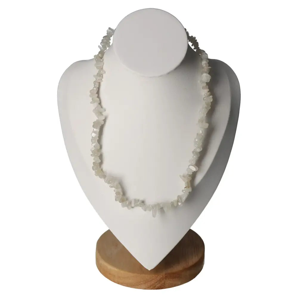 Elegant Moonstone White Necklace displayed on a white mannequin bust, showcasing intricate design and 40cm length.