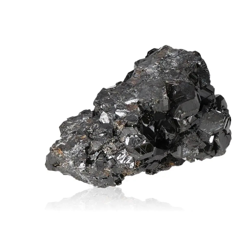 Museum quality Galena crystal stone on white background, known for its transformational energies and spiritual grounding properties.