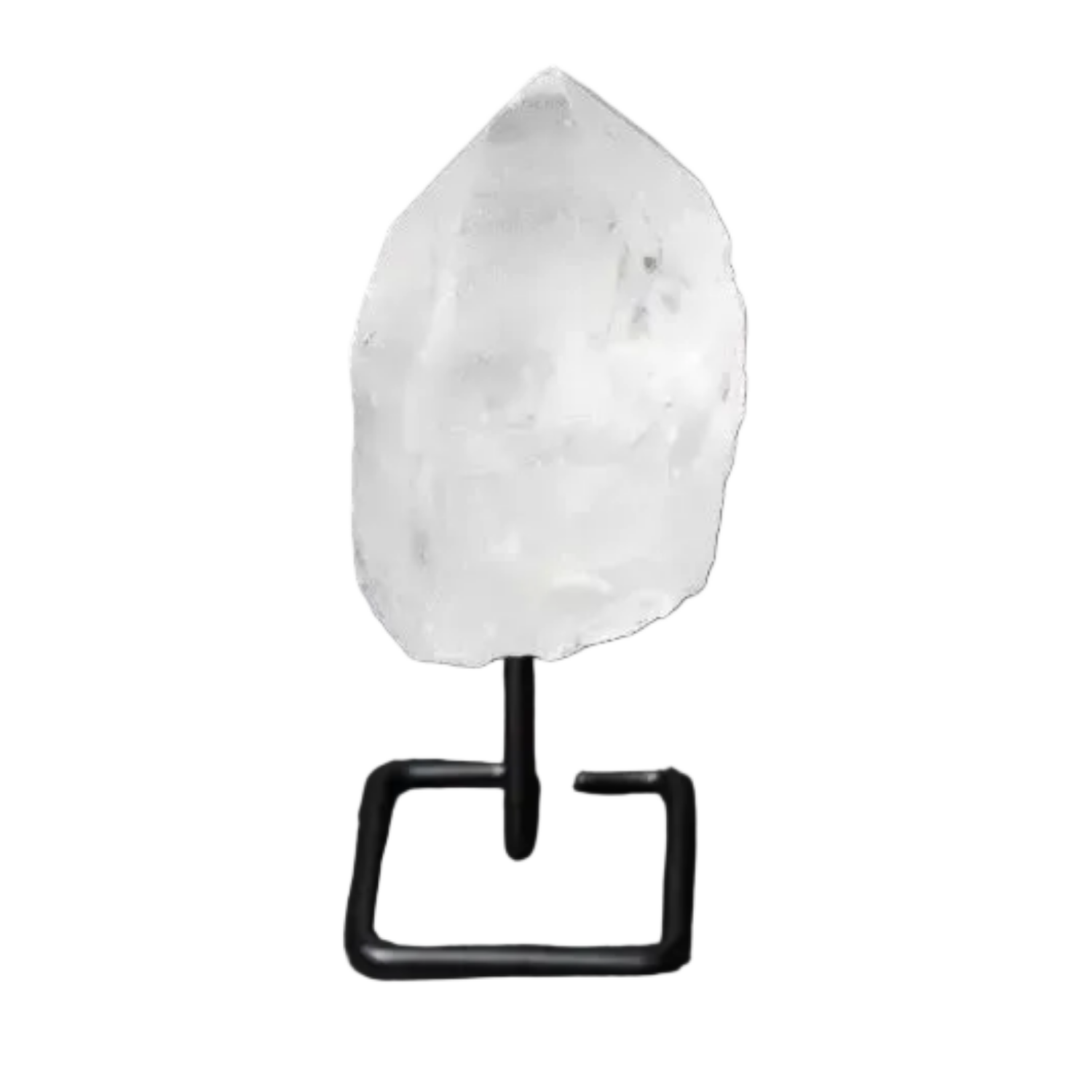 Natural clear quartz point on a modern stand, known as a Master Healer, amplifying energy for meditation and clarity.