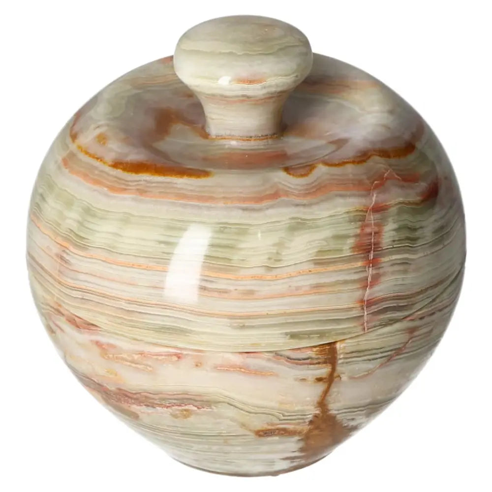 Onyx 10cm bowl with lid, featuring unique veining and polished finish, adds elegant touch to home décor with its natural beauty.