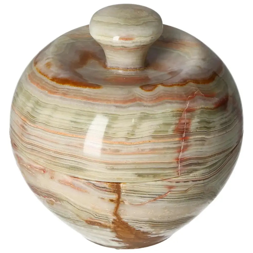 Onyx 10cm bowl with lid showcasing natural veining, smooth finish, and organic color variations, adding elegance to home decor.