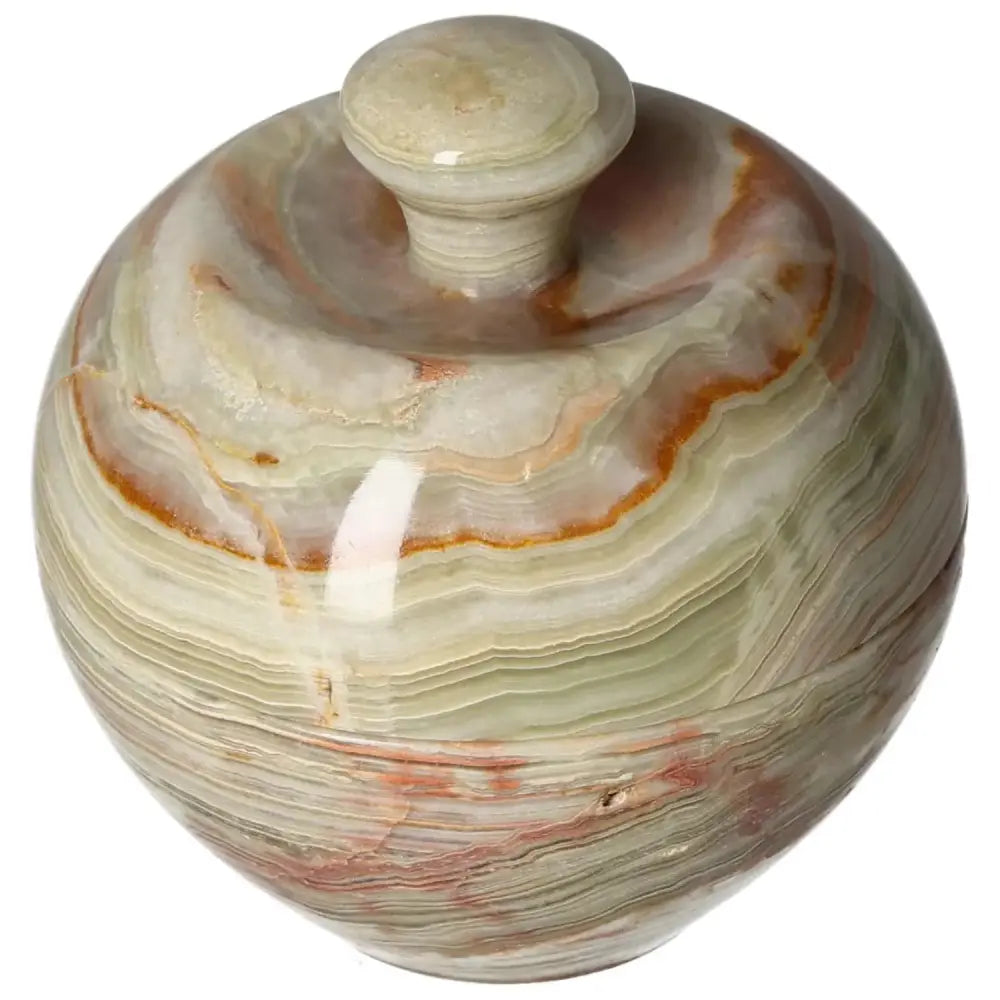 Elegant onyx 10cm bowl with lid, showcasing natural veining and variations in color, adding sophistication and warmth to any décor.