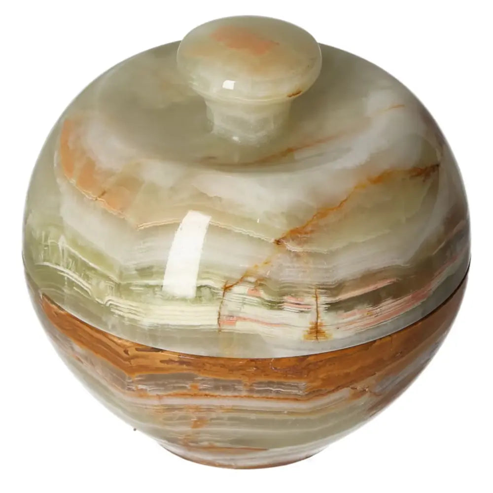 Onyx 10cm bowl with lid featuring elegant veining and organic color variations, enhancing any décor with refined craftsmanship.