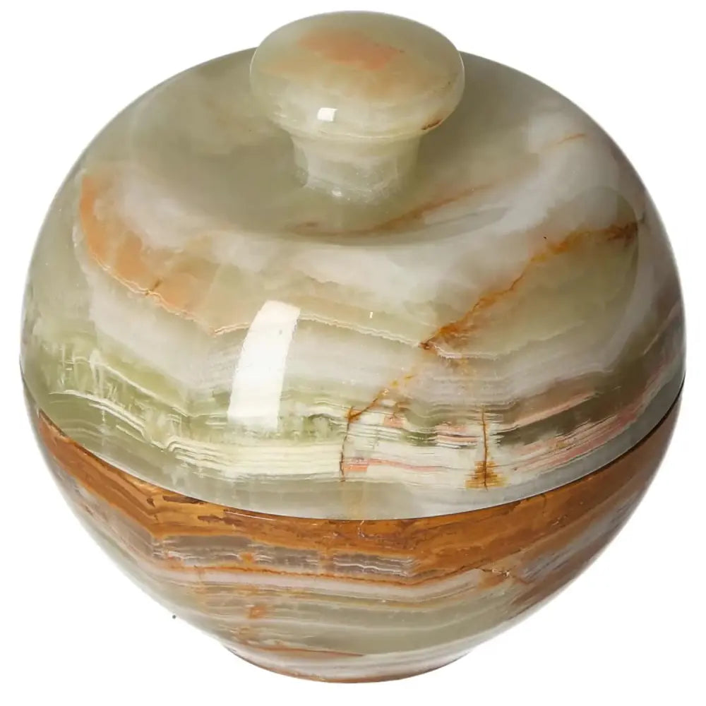 Onyx 10cm bowl with lid showcasing polished smooth surface, unique veining, and warm color variations, adding elegant decor touch.