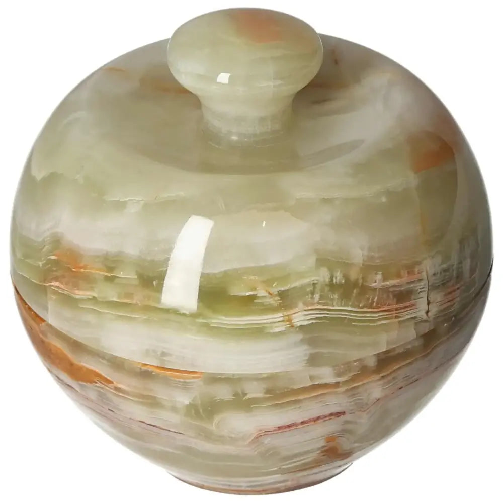 Onyx 10cm bowl with lid featuring smooth polished surface and delicate veining, showcasing natural elegance and refined craftsmanship.