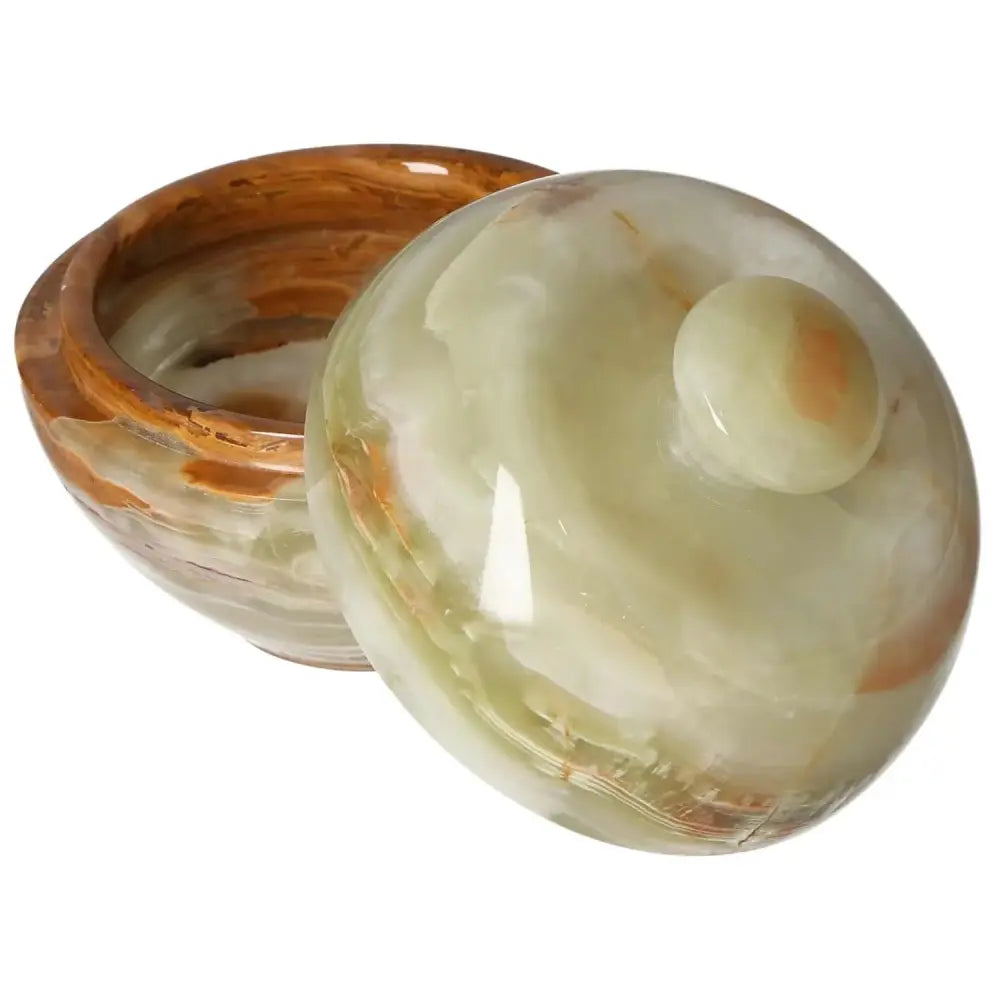 Onyx 10cm bowl with lid, showcasing natural veining and polished finish, ideal for elegant home décor and sophisticated style.
