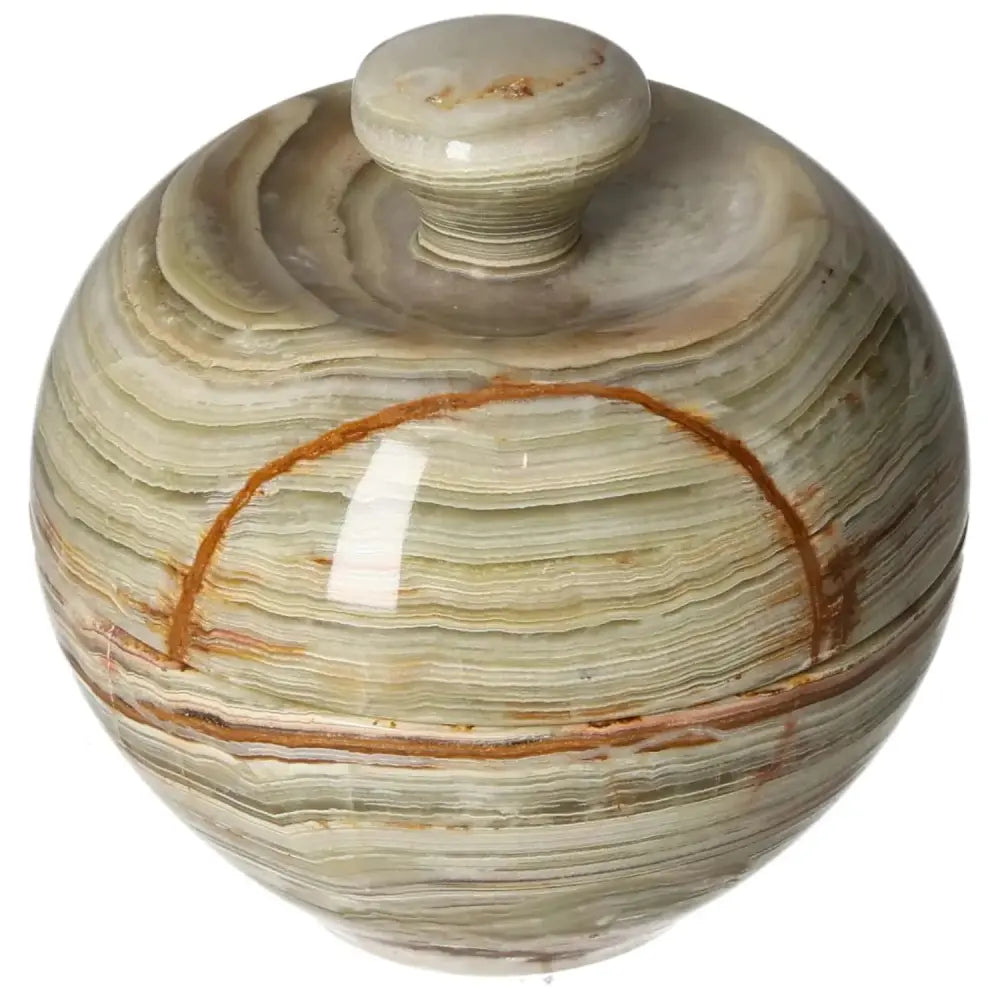 Onyx 10cm bowl with lid featuring polished surface and unique veining, enhancing home décor with elegance and sophistication.
