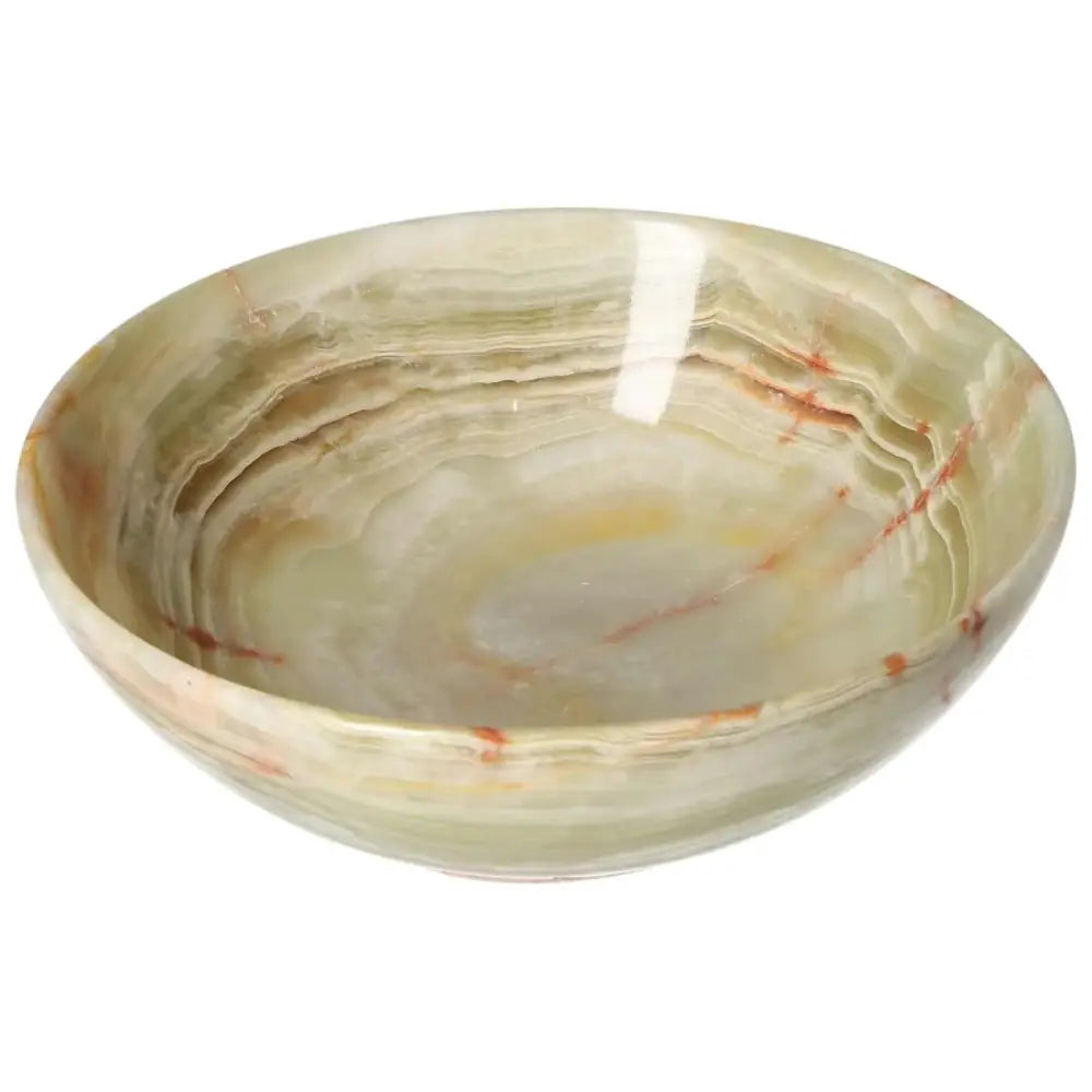 Elegant 15 cm onyx bowl with unique veining and smooth polished surface, adding a touch of sophistication to any decor space.