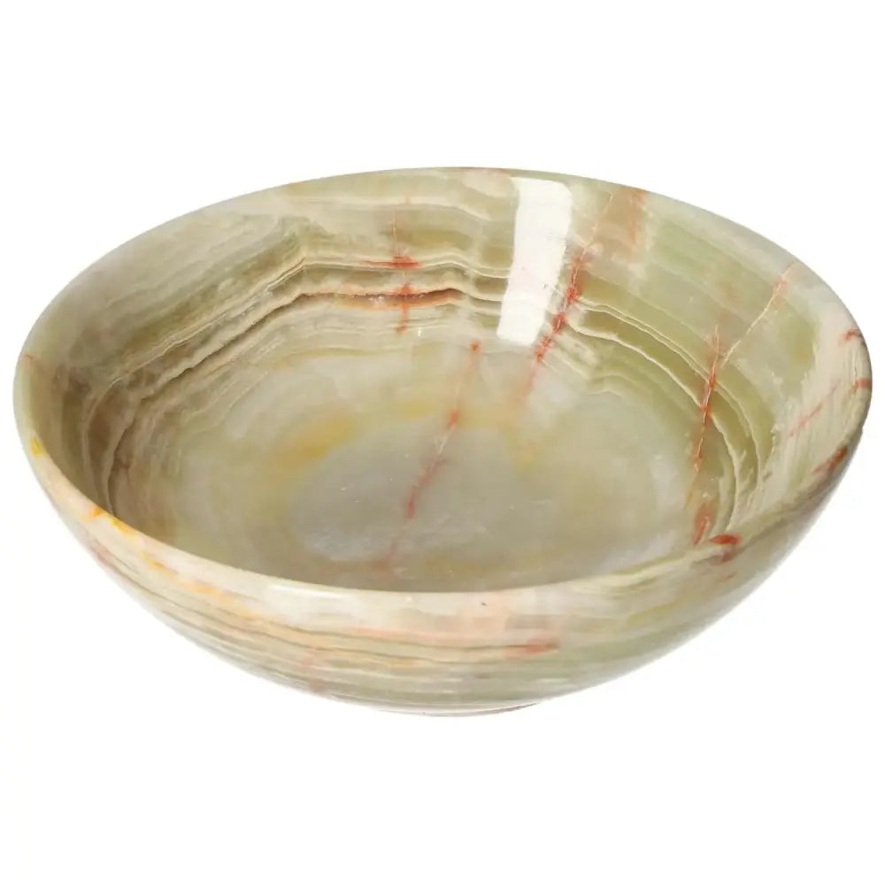 Elegant 15 cm onyx bowl with polished surface showcasing unique veining and organic color variations, adding sophistication to any décor.