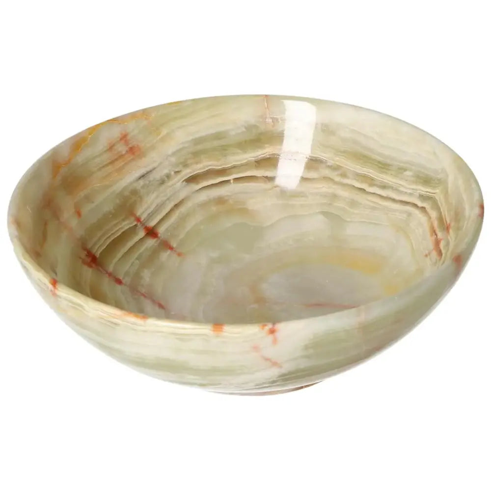 Elegant 15 cm onyx bowl with smooth, polished surface revealing unique veining; perfect decorative piece for sophisticated settings.
