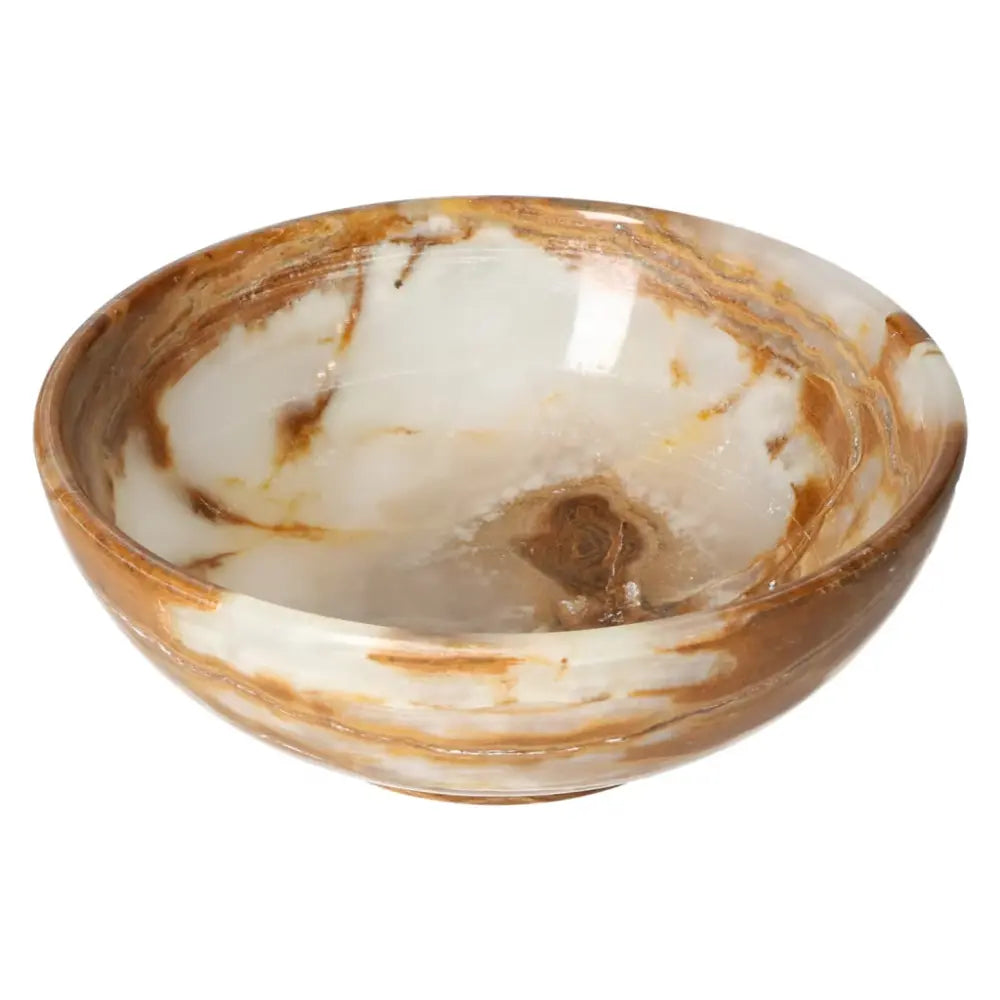 15 cm onyx bowl with polished surface, showcasing natural veining and warm tones for elegant décor enhancement.