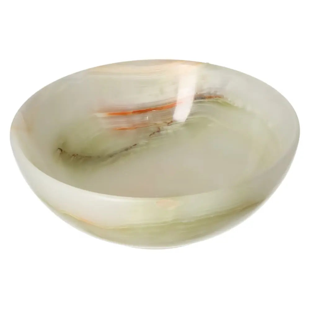 15 cm onyx bowl with polished surface, showcasing unique veining and organic color variations. Ideal for elegant home décor enhancement.