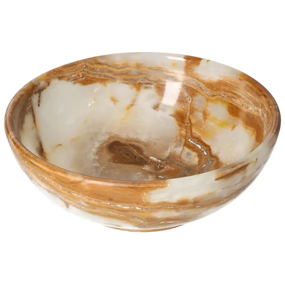 Elegant 15 cm onyx bowl with unique veining, reflecting light beautifully; perfect for sophisticated décor.