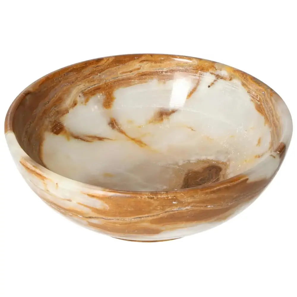 15 cm onyx bowl with natural veining, featuring a smooth, polished surface and warm tones, ideal for sophisticated home décor.