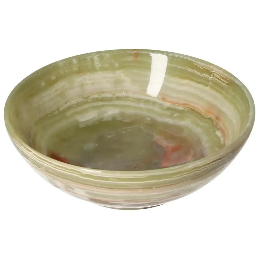 Green onyx bowl with delicate veining, 15 cm. Adds sophisticated elegance to décor with its natural warmth and unique beauty.
