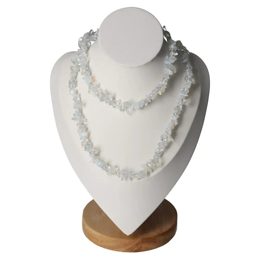 Elegant 80cm Opallite Necklace with unique gem chips displayed on a stand, showcasing Sylvia Crystals' craftsmanship and quality.