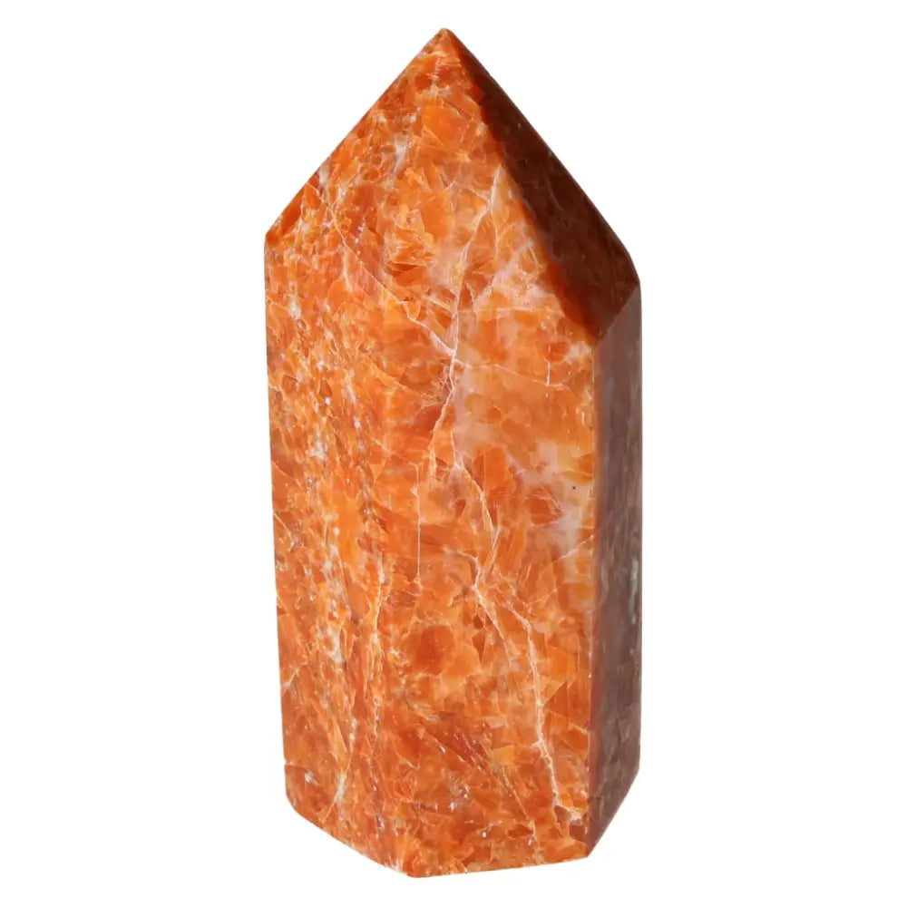 Orchid Calcite Obelisk by Sylvia Crystals, featuring a polished surface with warm orange, peach, and white hues, 140mm tall.