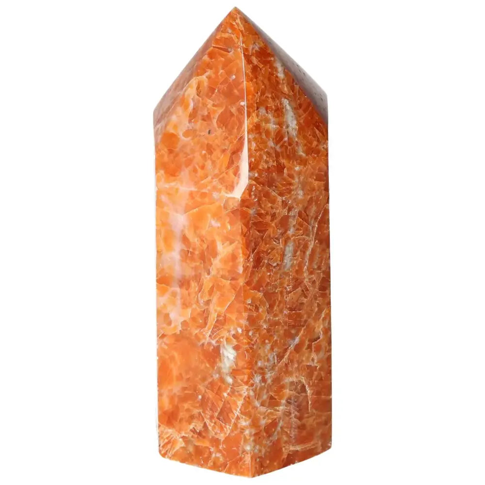 Orchid Calcite Obelisk by Sylvia Crystals, showcasing warm orange, peach, and white hues with a polished finish.