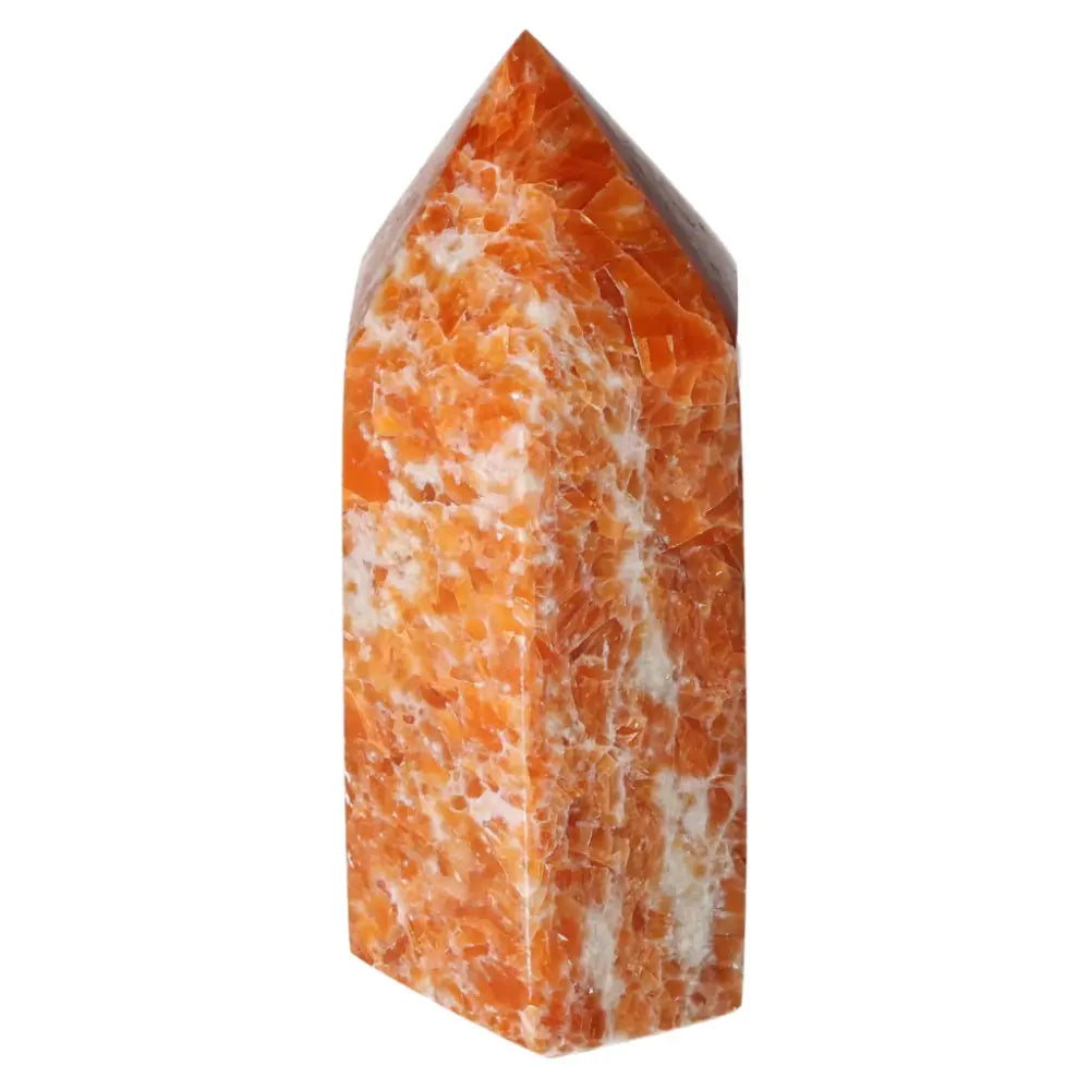 Orchid Calcite Obelisk with orange and white patterns, from Sylvia Crystals, exuding strength and elegance.