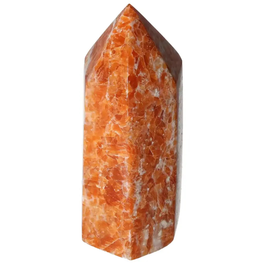 Orchid Calcite Obelisk with orange and white hues, showcasing natural patterns from Sylvia Crystals, perfect for décor and spiritual elegance.
