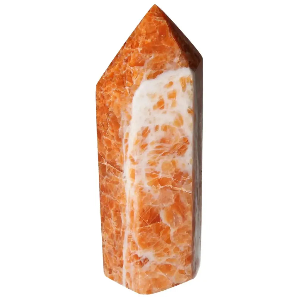 Orchid Calcite Obelisk showcasing orange, peach, and white hues, hand-carved for luxury and energy, from Sylvia Crystals.