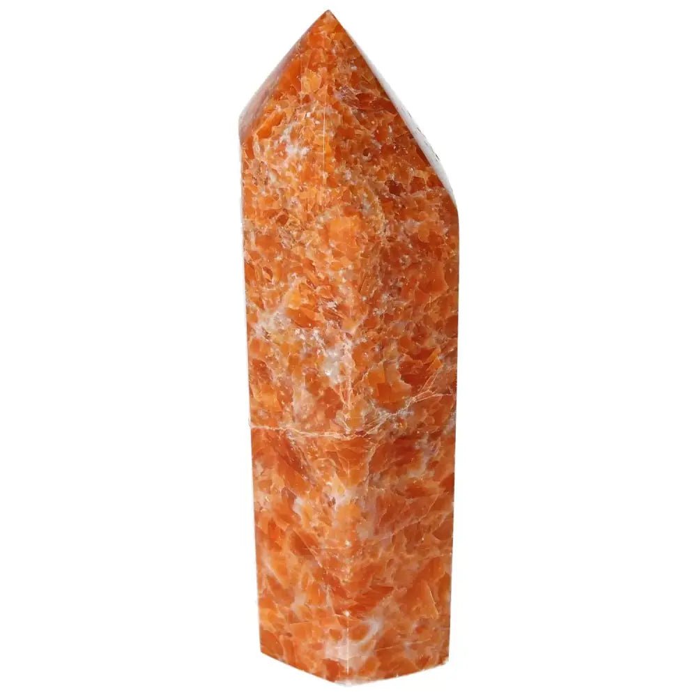 Luxurious Orchid Calcite Obelisk with hues of orange and peach, showcasing premium craftsmanship by Sylvia Crystals.
