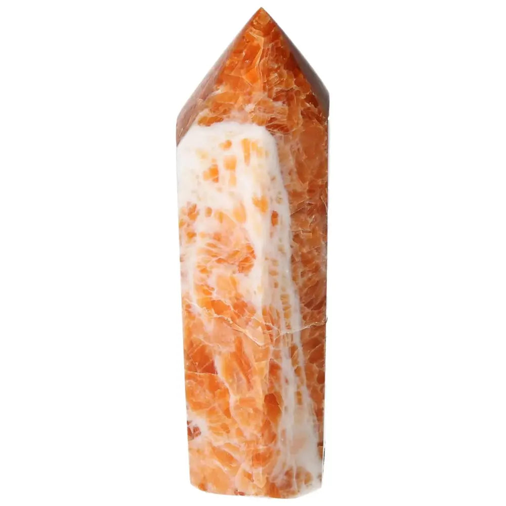 Orchid Calcite Obelisk with orange and creamy white hues from Sylvia Crystals, symbolizing luxury and sophistication.