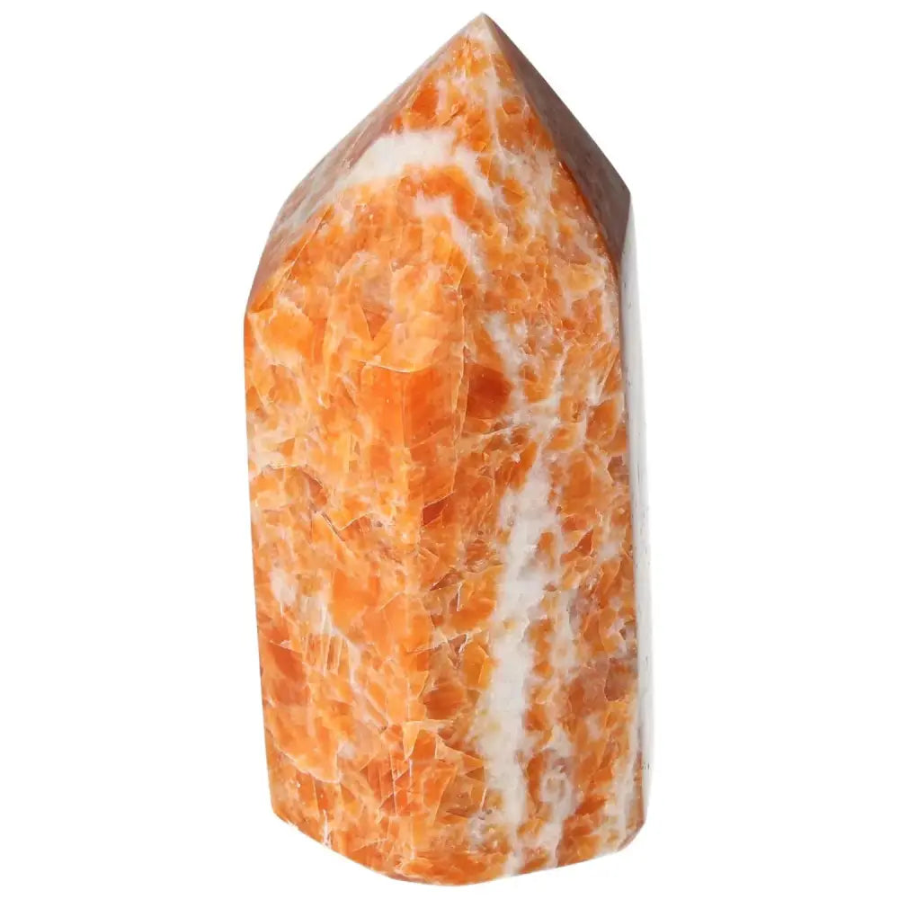 Orchid Calcite Obelisk with orange, peach, and white hues from Sylvia Crystals, showcasing natural striking patterns and spiritual elegance.