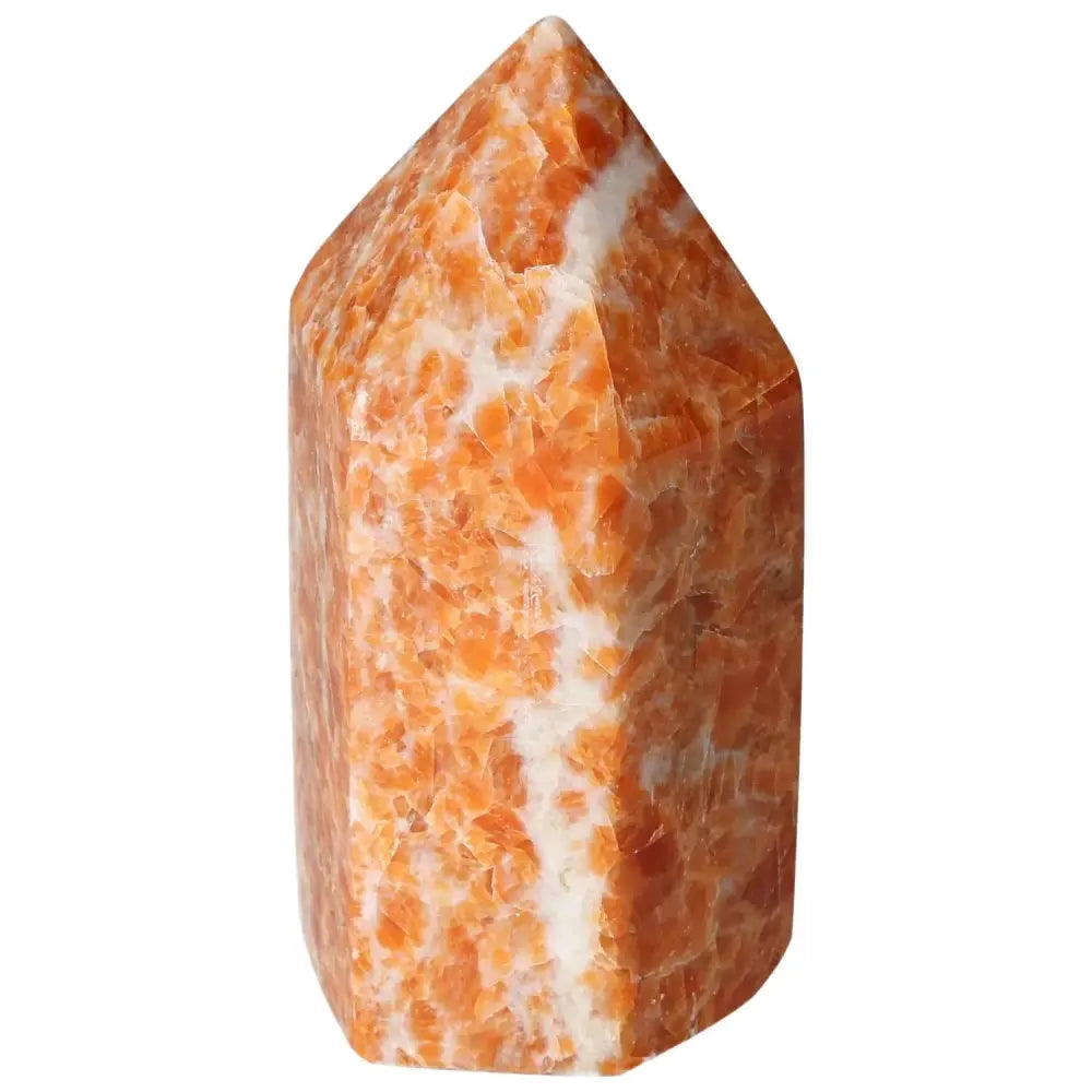 Orchid Calcite Obelisk with orange, peach, and white hues, handcrafted by Sylvia Crystals, showcasing unique natural patterns.