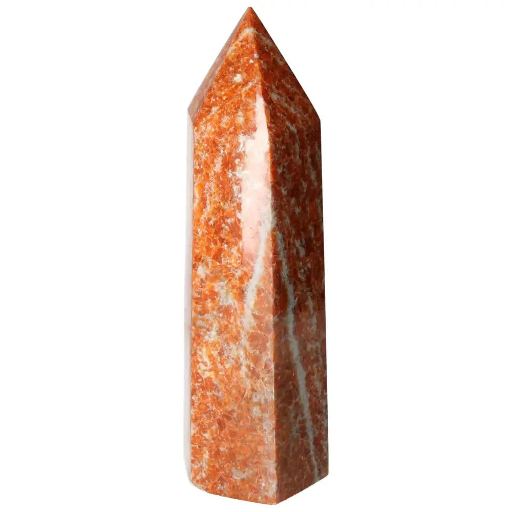Orchid Calcite Obelisk with orange and creamy white hues, luxury crystal by Sylvia Crystals, perfect for spiritual and decorative use.