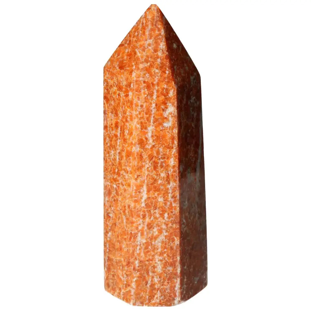 Orchid Calcite Obelisk featuring vibrant orange and creamy hues, handcrafted for luxury and spirituality by Sylvia Crystals.