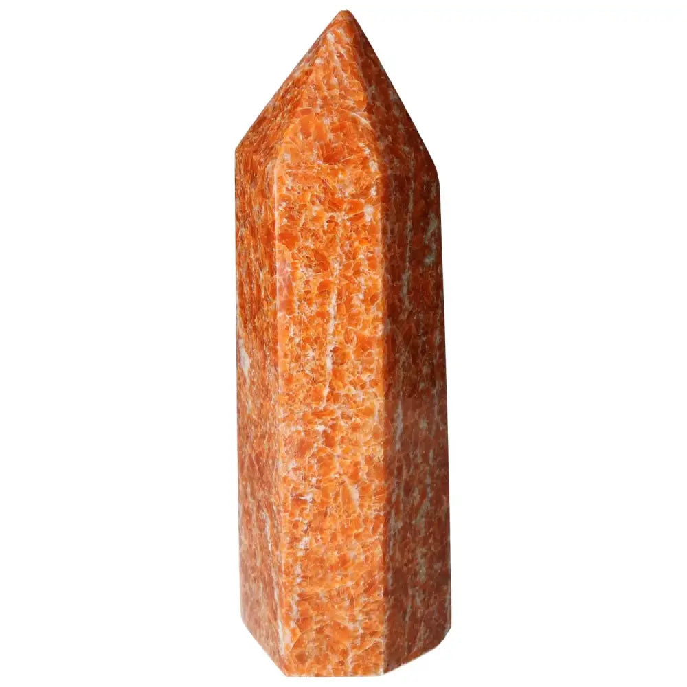 Orchid Calcite Obelisk in vibrant orange and peach tones, showcasing polished surfaces from Sylvia Crystals.