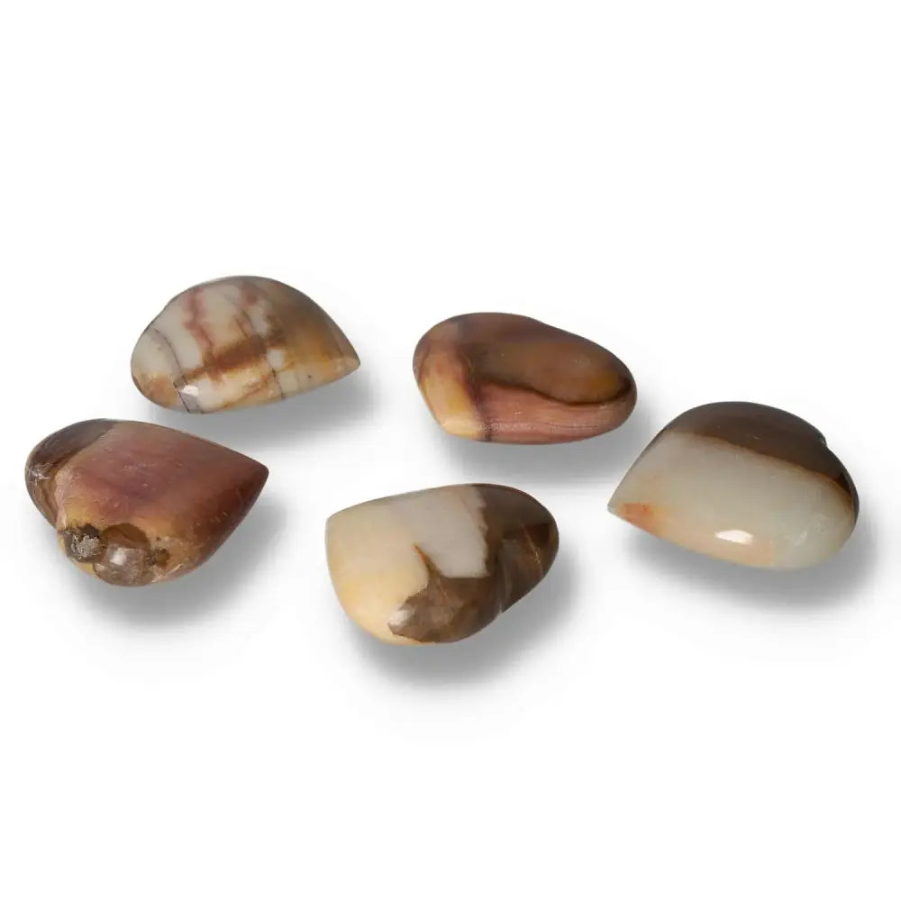 Five polished peach calcite stones with gentle earthy hues, ideal for promoting love, inner peace, and emotional balance in crystal collections.