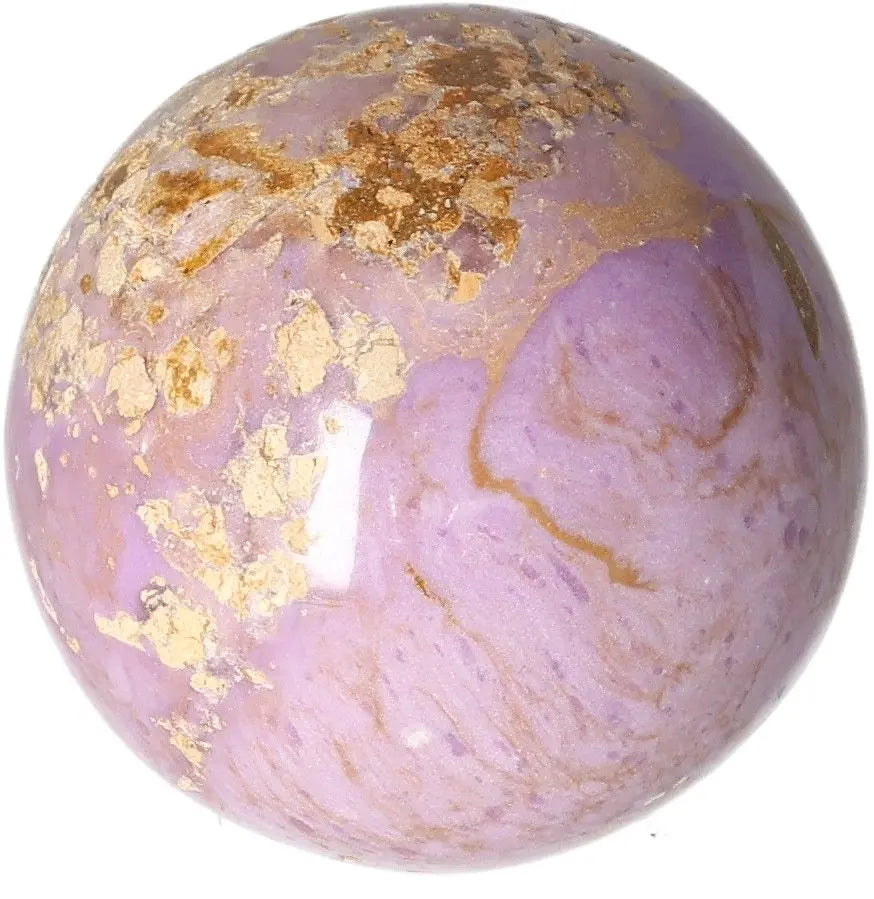 Phosphosidente Sphere with purple and gold marbling, offering a unique and colorful decorative element for home or office.