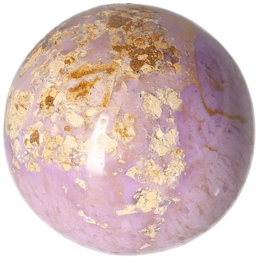 Phosphosidente Sphere with gold and purple hues, showcasing its unique marbled texture and mineral patterns, on a white background.
